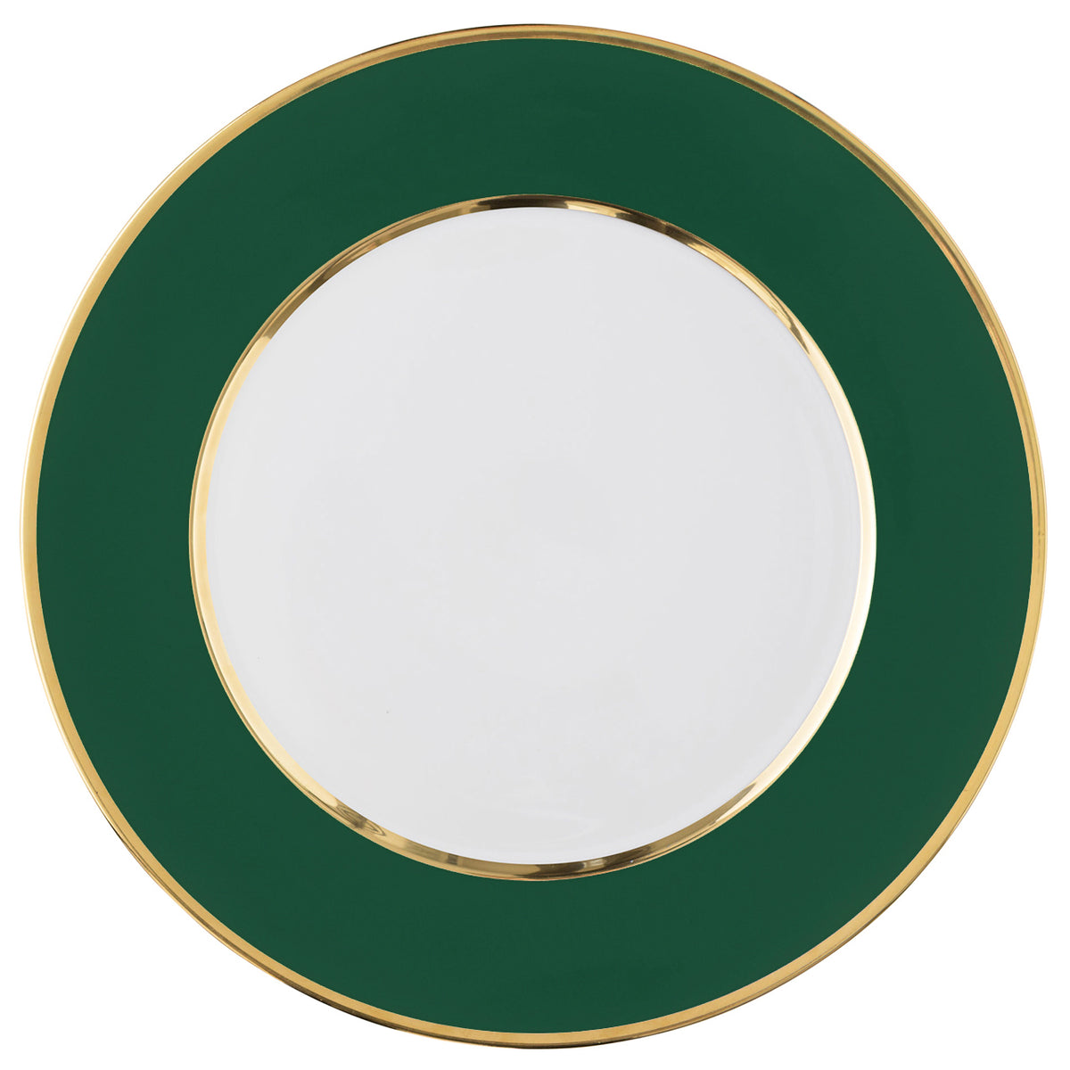 "Schubert" Charger in Forrest Green Matte & Narrow Gold Rim