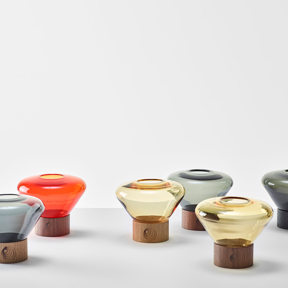 Pair of "Muffins" Candleholders with Oak Base by Lucie Koldova & Dan Yeffet